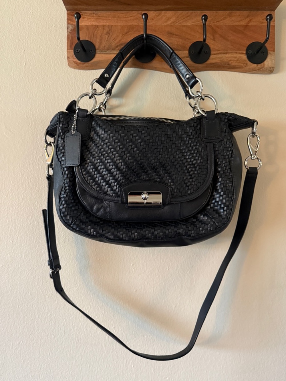 Coach Kristin Black Woven Leather Satchel Bag 2010s Silver Hardware 19312